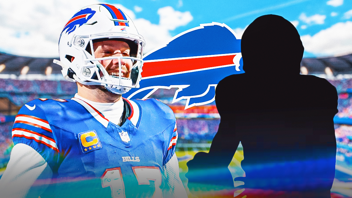 Image of Bills QB Josh Allen looking hyped next to silhouette of Commanders QB Marcus Mariota. Bills logo in background