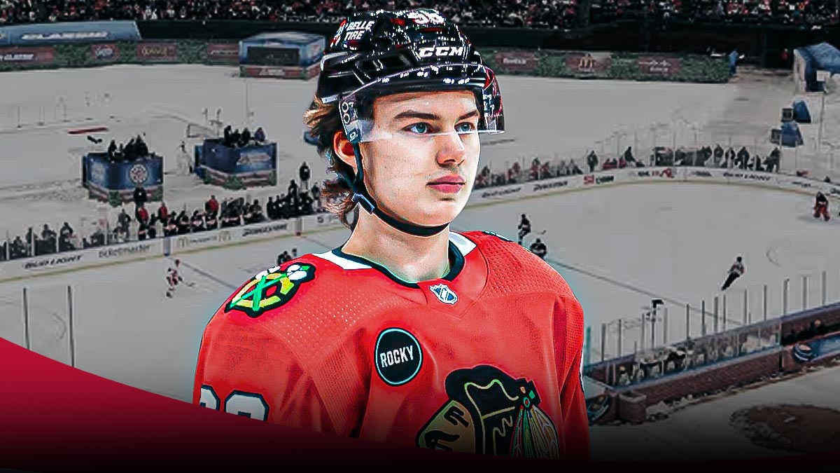 Blackhawks forward Connor Bedard inside Wrigley Field set up for the Winter Classic