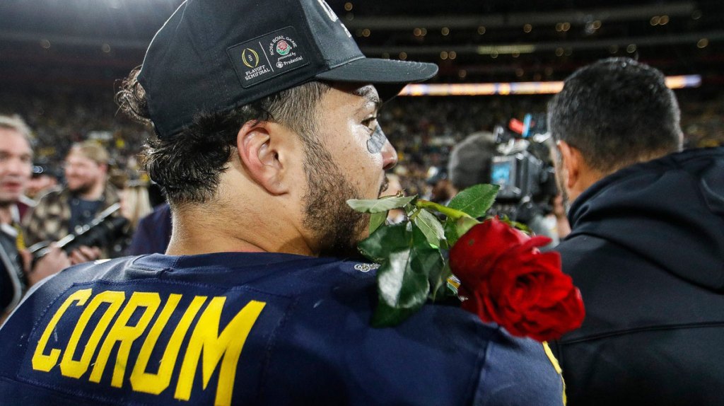 Michigan running back Blake Corum (2) celebrates a 27-20 Rose Bowl win over Alabama at the 2024 Rose Bowl in Pasadena, Calif., on Monday, Jan. 1, 2024.