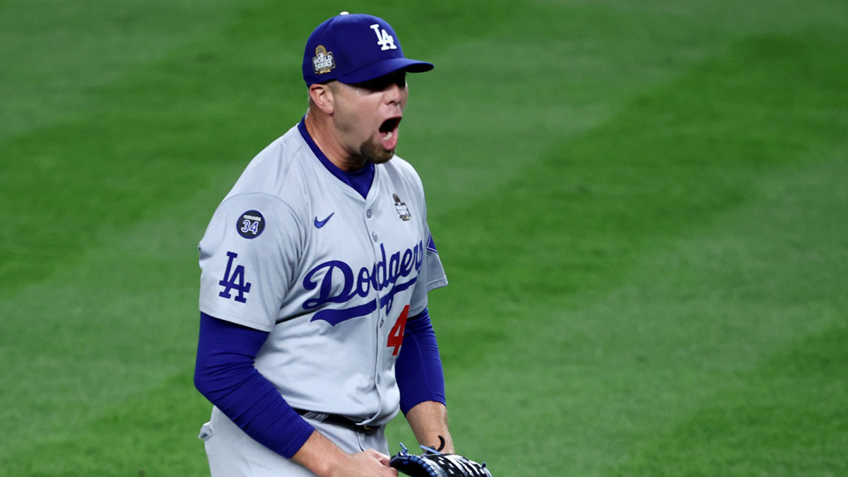 Los Angeles Dodgers pitcher Blake Treinen (49) celebrates after the end of the eighth inning against the New York Yankees in game five of the 2024 MLB World Series at Yankee Stadium. 