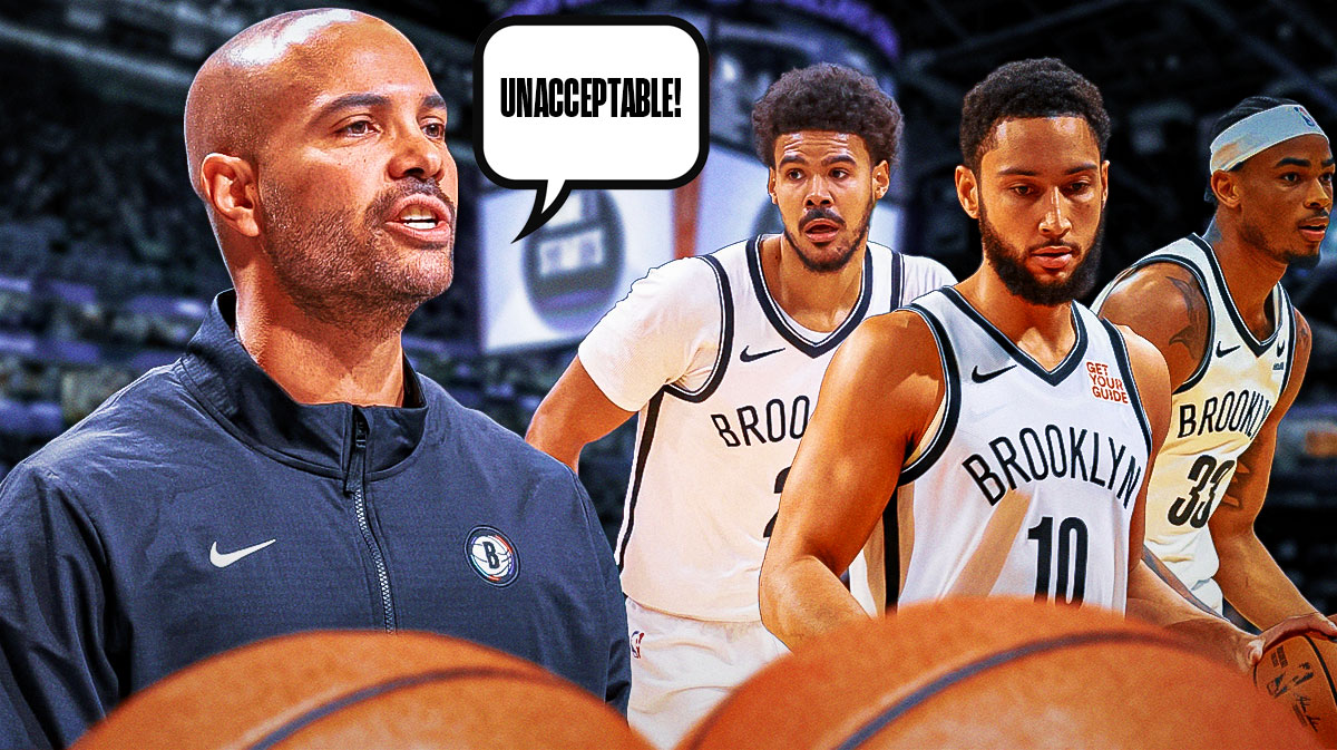 Jordi Fernandez saying "Unacceptable!" to Ben Simmons, Cam Johnson, and Nic Claxton