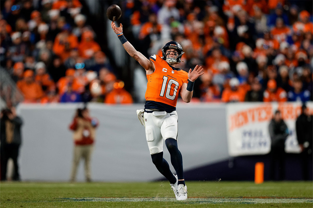Denver Broncos quarterback Bo Nix (10) attempts a pass in the third quarter against the Indianapolis Colts at Empower Field at Mile High.