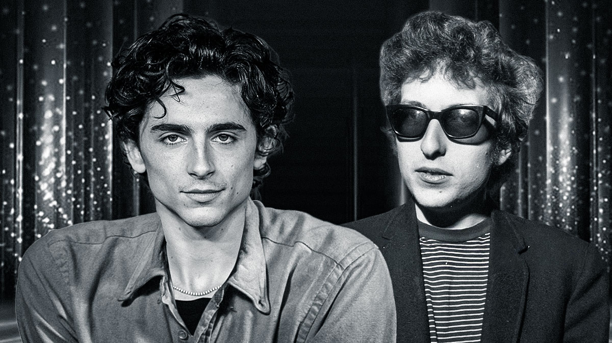 Timothée Chalamet, star of the biopic A Complete Unknown, and Bob Dylan.