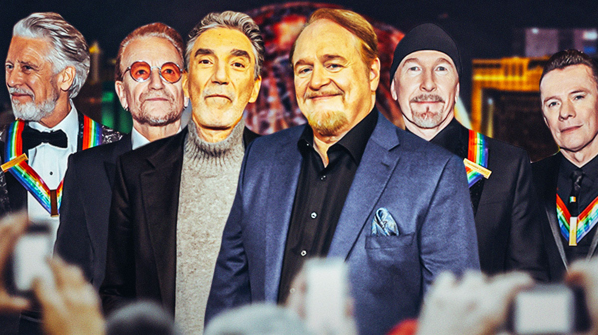 U2 members Adam Clayton, Bono, The Edge, and Larry Mullen Jr with Bookie Season 2 creators Chuck Lorre and Nick Bakay and Sphere background.