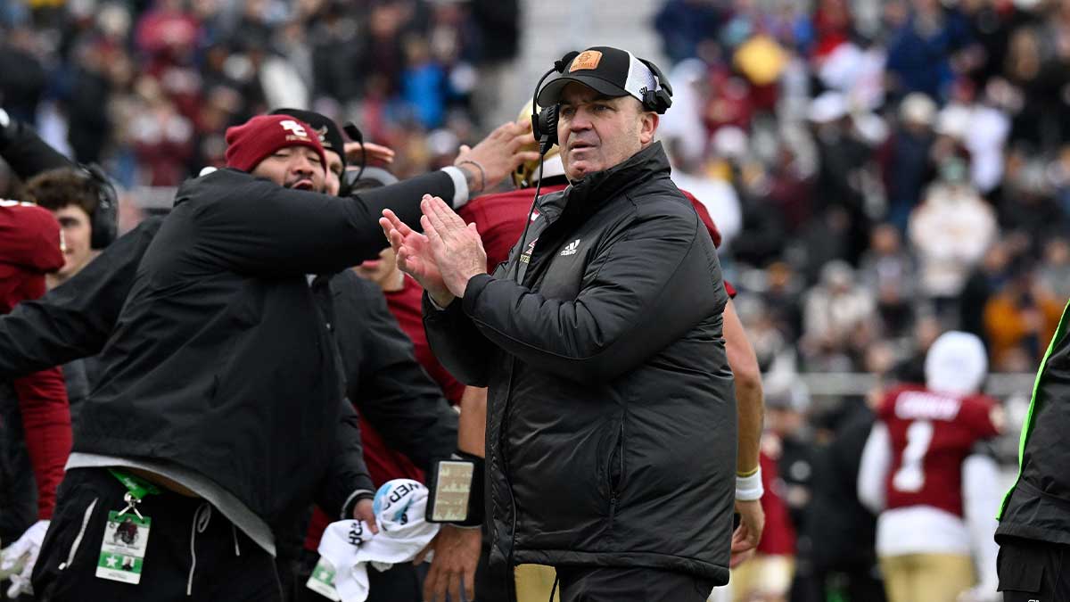 Boston College Eagles head coach Bill O'Brien reacts to a touchdown against the North Carolina Tar Heels during the first half at Alumni Stadium.