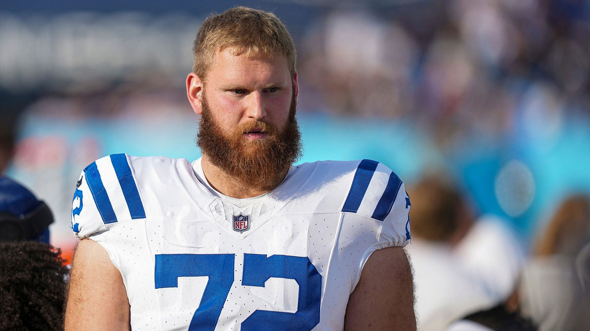 Indianapolis Colts offensive tackle Braden Smith (72) walks the sidelines Sunday, Dec. 3, 2023, during a game against the Tennessee Titans at Nissan Stadium in Nashville, Tenn.
