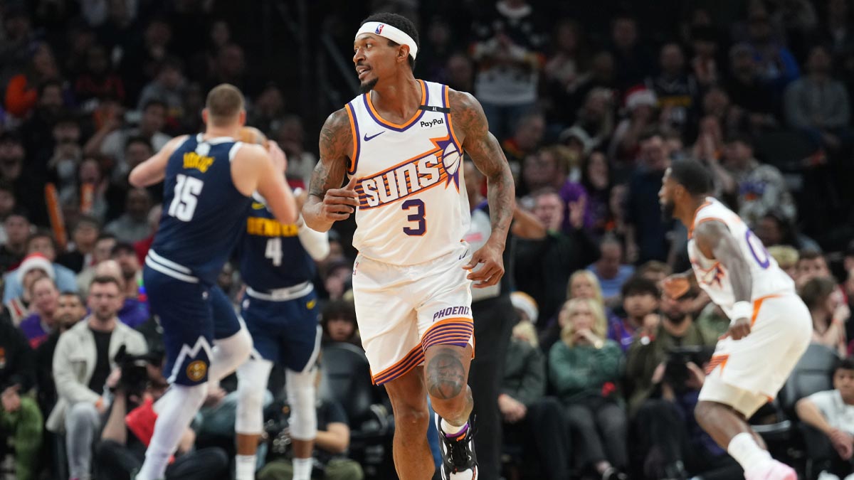 Phoenix Suns guard Bradley Beal (3) reacts after making a basket against the Denver Nuggets during the second half at Footprint Center.