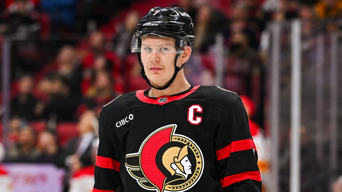 Ottawa Senators left wing Brady Tkachuk (7) looks on against the Calgary Flames during the third period at Canadian Tire Centre.