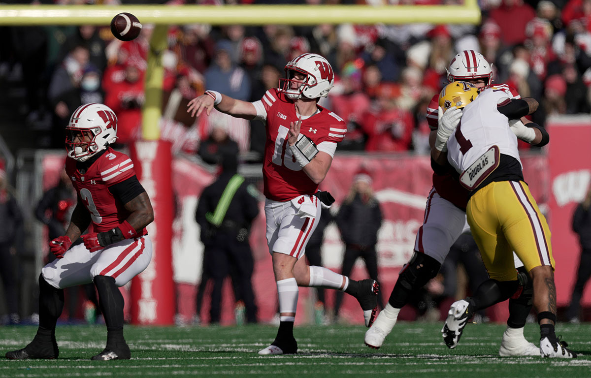 Wisconsin quarterback Braedyn Locke (18) throws a pass during the first quarter of their game at Camp Randall Stadium Friday, November 29, 2024 in Madison, Wisconsin. Minnesota beat Wisconsin 24-7.