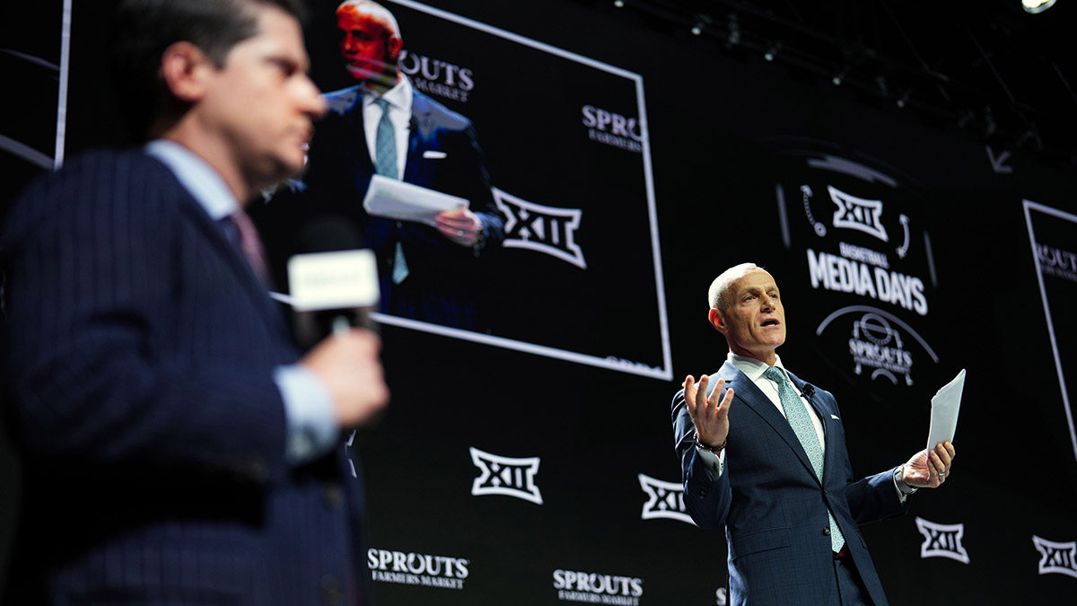 Big 12 Commissioner Brett Yormark speaks to media during Big 12 Women’s Basketball Media Day at T-Mobile Center.