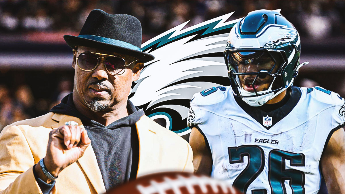 Brian Dawkins and Saquon Barkley on either side, Philadelphia Eagles logo in middle, football field in background