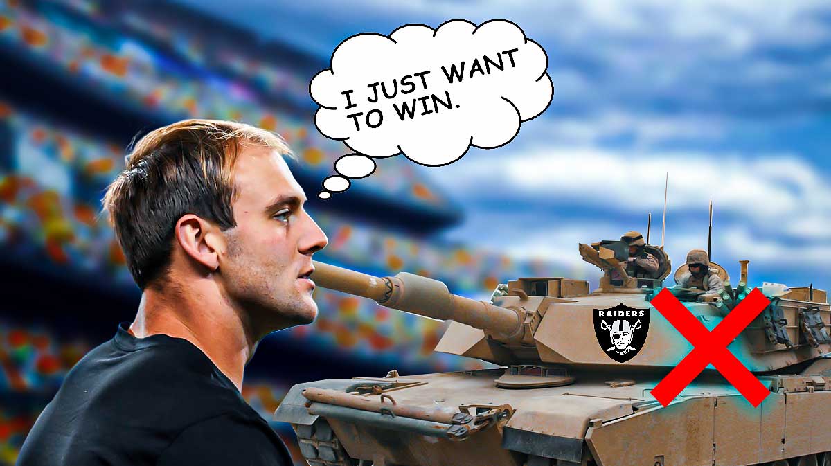 Raiders tight end Brock Bowers looking at a tank with the Raiders logo on it and a big X going through it. Bowers also has a thought bubble of saying "I just want to win."