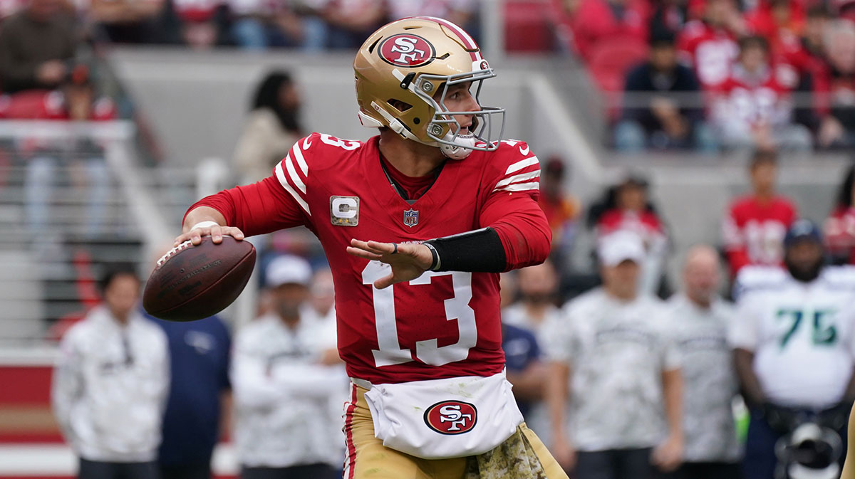 San Francisco 49ers quarterback Brock Purdy (13) throws a pass against the Seattle Seahawks during the second quarter at Levi's Stadium.