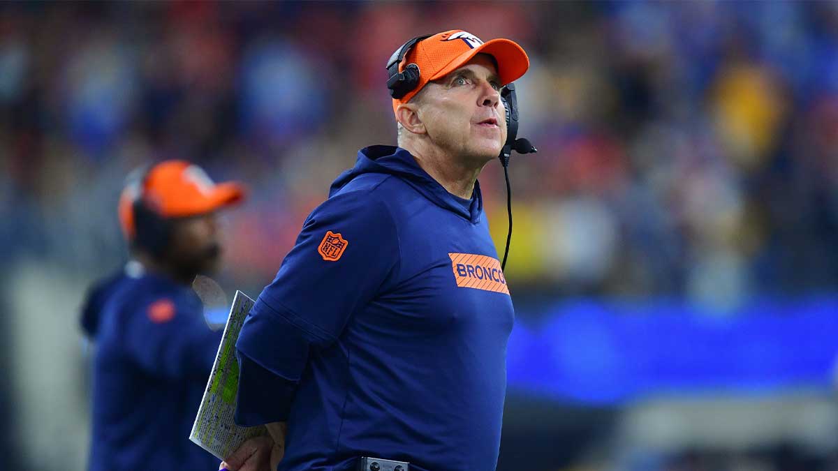 Denver Broncos head coach Sean Payton watches game action against the Los Angeles Chargers during the second half at SoFi Stadium.