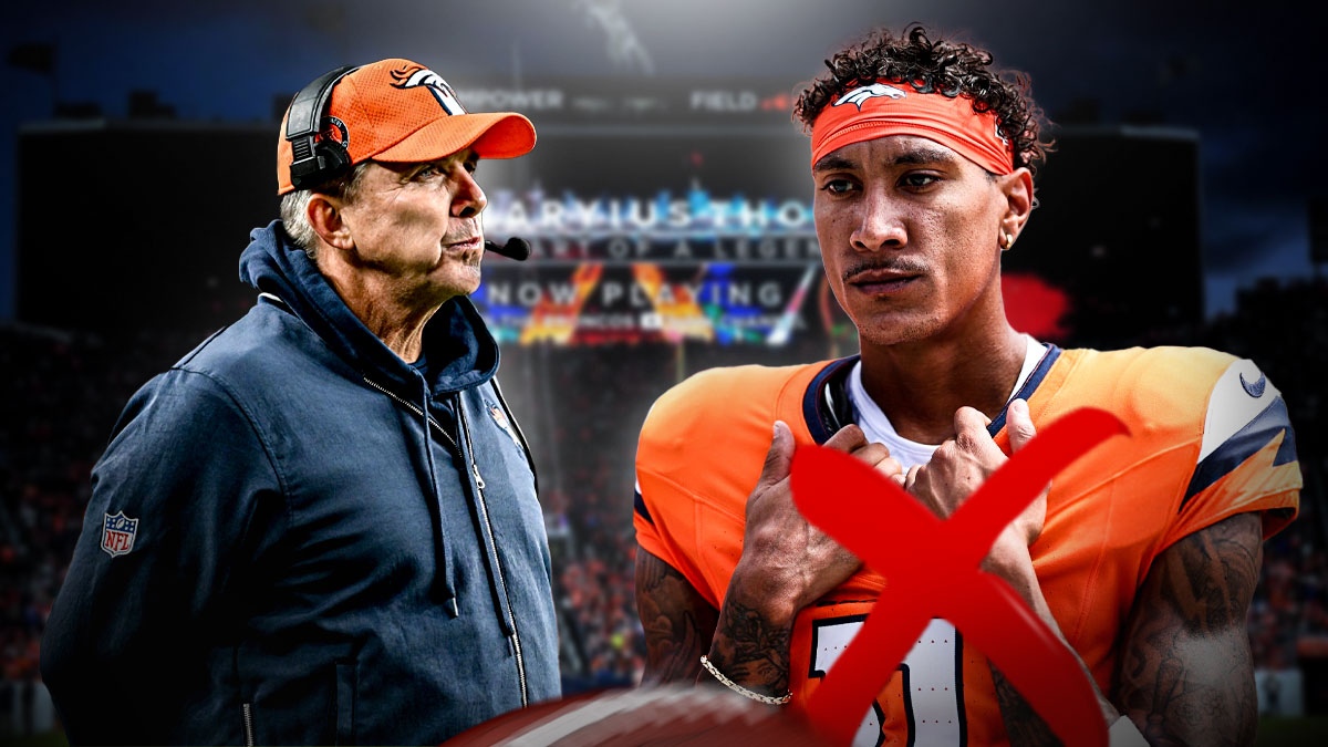 Broncos coach Sean Payton and Josh Reynolds in a Denver Broncos uniform with a big red X over him as the Broncos cut Reynolds, one of the broncos receivers who was dealing with injury.