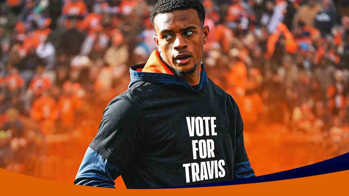 Broncos CB Pat Surtain II wearing a shirt that says, "Vote for Travis". Background is Empower Field at Mile High (Denver Broncos stadium).