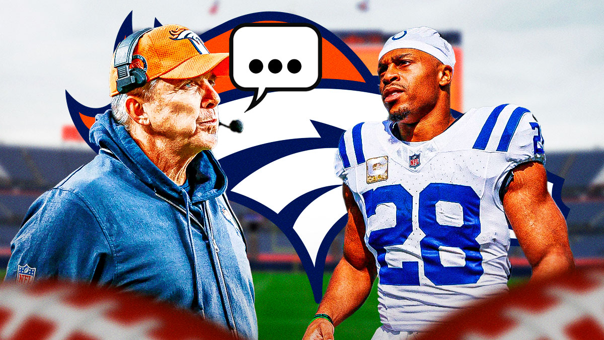 Denver Broncos head coach Sean Payton with a speech bubble that has the three dots emoji inside. He is next to Colts RB Jonathan Taylor. There is also a logo for the Denver Broncos.
