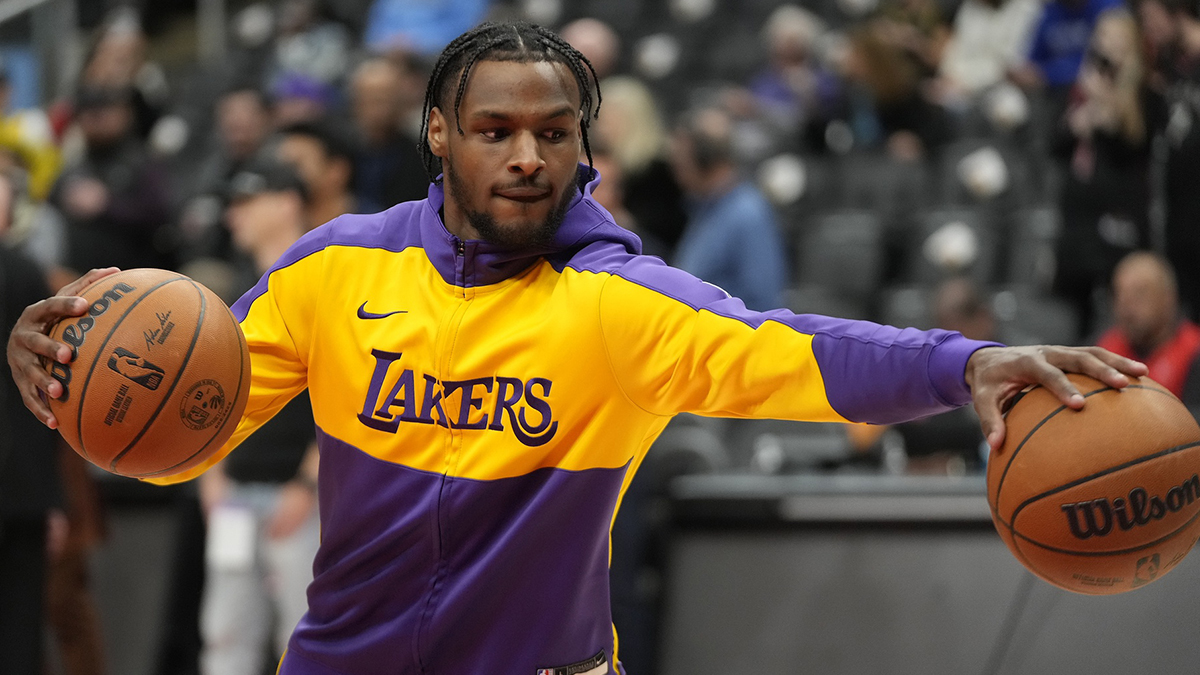 Los Angeles Lakers guard Bronny James (9) during warm-up before a game against the Toronto Raptors at Scotiabank Arena.