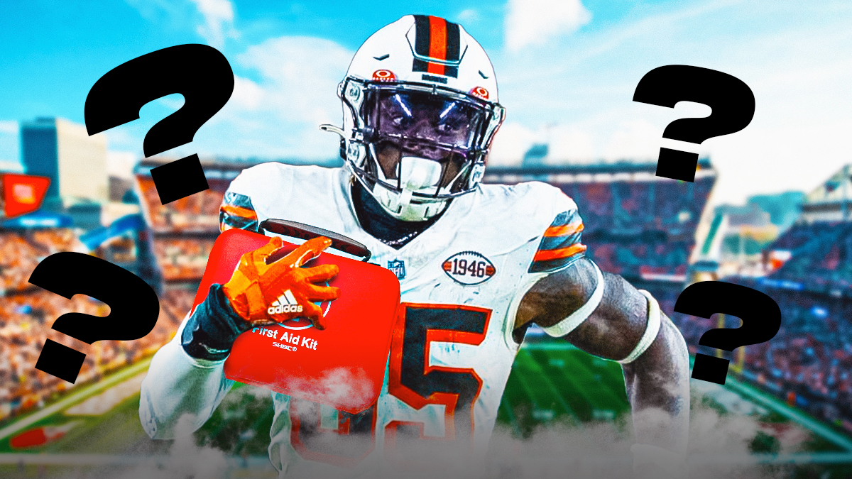 Browns TE David Njoku holding medical kit with multiple ❓ emojis in the background. Background is Huntington Bank Field.