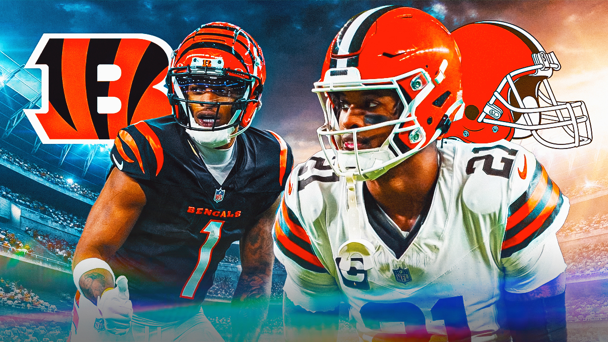 Denzel Ward next Ja'Marr Chase with Browns and Bengals logo overtop.