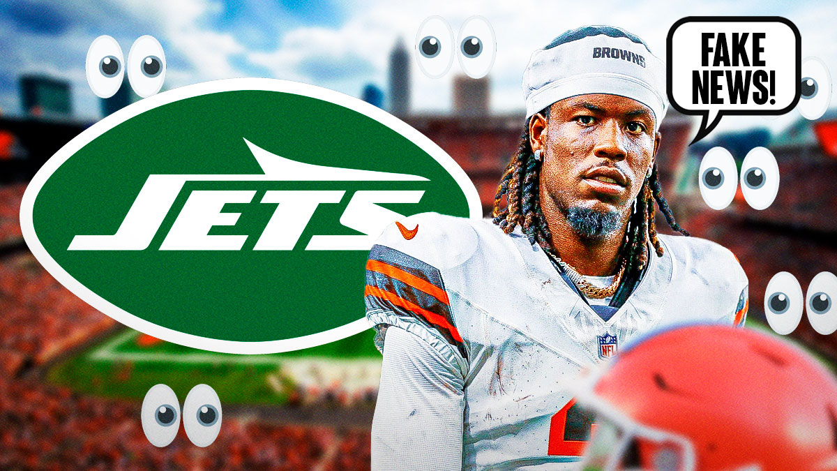 Jerry Jeudy on one side with a speech bubble that says "Fake news!" the New York Jets logo on the other side, a bunch of the big eyes emojis in the background