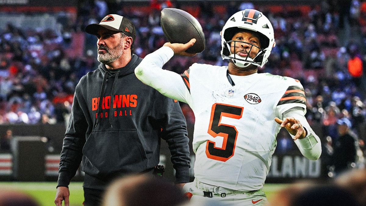 Jameis Winston and Kevin Stefanski standing in front of the Browns stadium