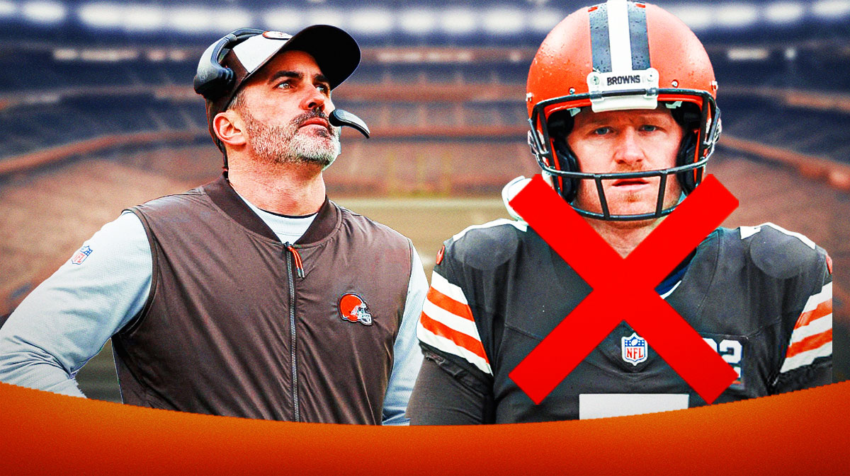 Browns Kevin Stefanski next to Dustin Hopkins with a big red X over Hopkins.