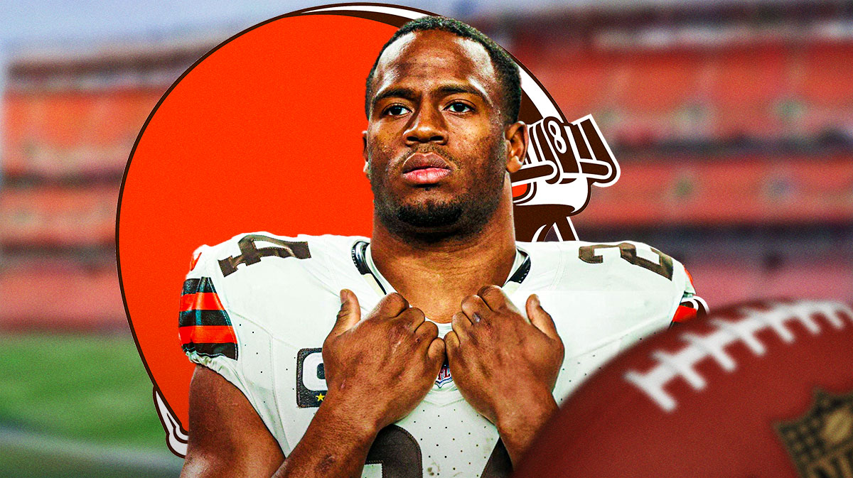 Nick Chubb looking upset in front of a Browns logo