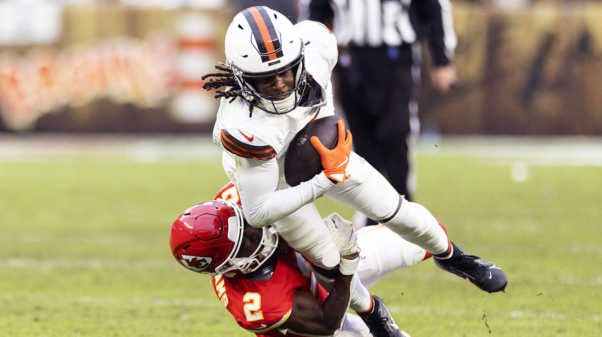 Kansas City Chiefs cornerback Joshua Williams (2) tackles Cleveland Browns wide receiver Jerry Jeudy (3) during the fourth quarter at Huntington Bank Field.