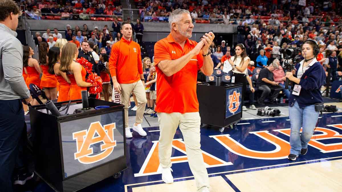 Auburn Tigers head coach Bruce Pearl takes the court as Auburn Tigers take on Georgia State Panthers at Neville Arena in Auburn, Ala., on Tuesday, Dec. 17, 2024.