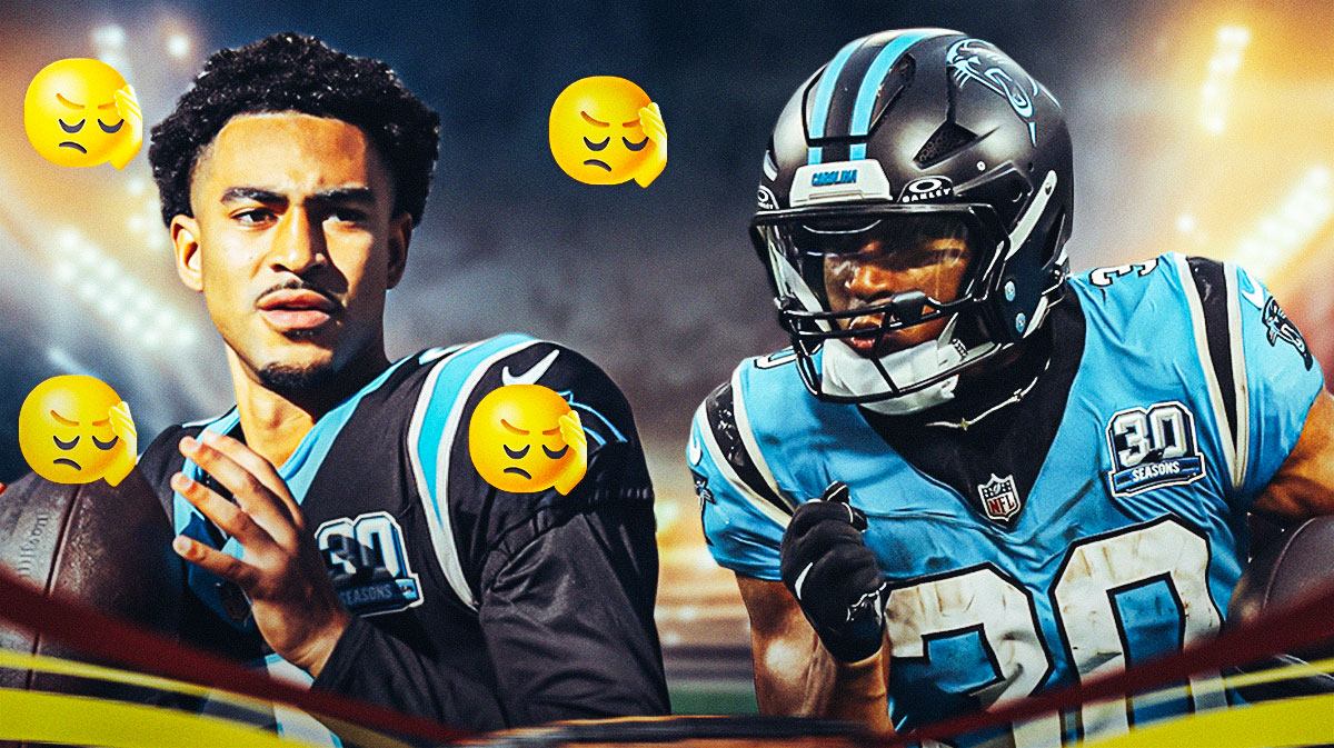 Panthers quarterback Bryce Young with frustrated emojis around him, looking at running back Chuba Hubbard