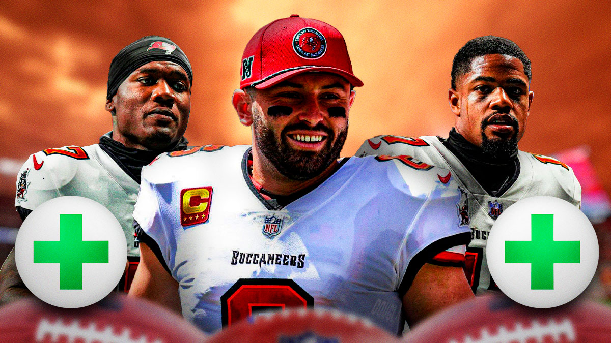 Tampa Bay Buccaneers QB Baker Mayfield with WR Sterling Shepard and RB Bucky Irving. Shepard and Irving both have green injury symbols. There is also a logo for the Tampa Bay Buccaneers.