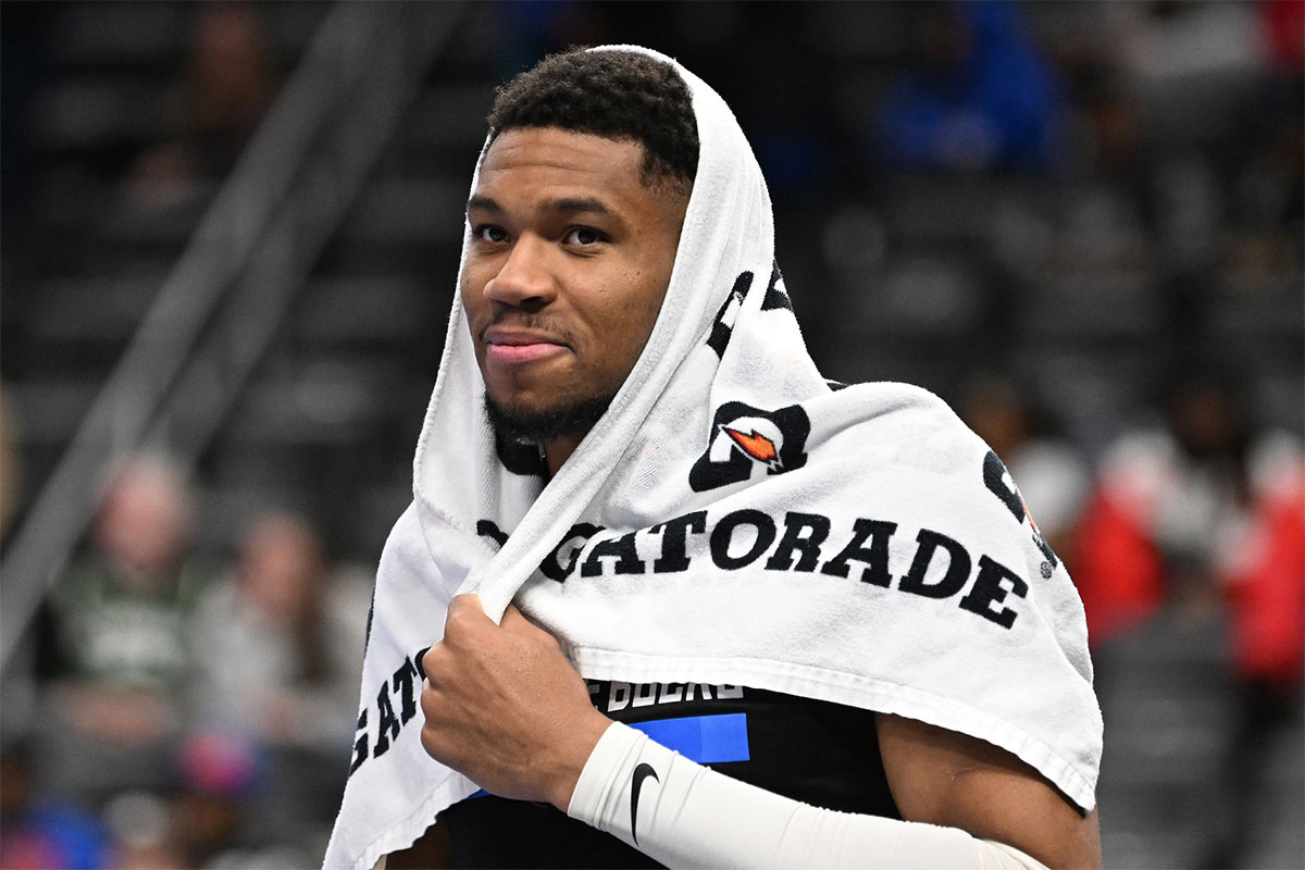 Milwaukee Bucks forward Giannis Antetokounmpo (34) walks off the court after their win over the Detroit Pistons at Little Caesars Arena.