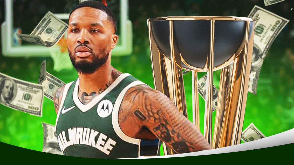 Bucks' Damian Lillard with NBA Cup trophy and money bag emojis around him