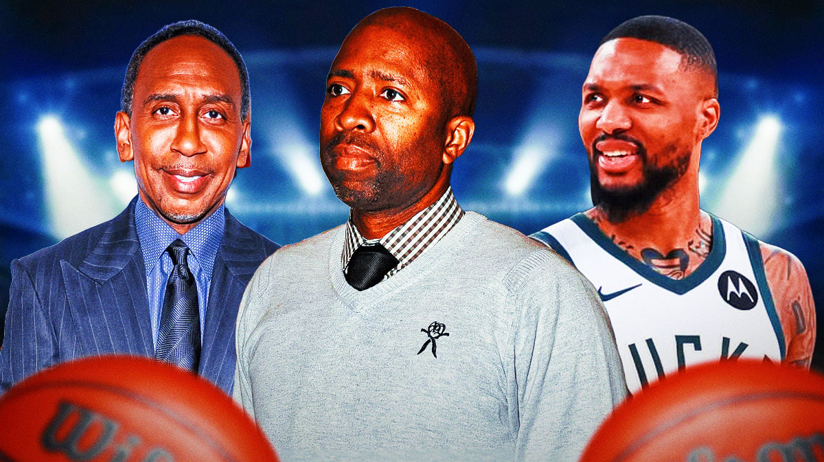 Bucks' Damian Lillard laughing at Kenny Smith, next to Stephen A. Smith smiling