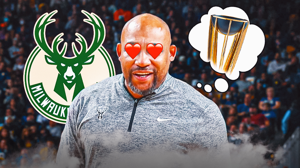 Bucks assistant coach Darvin Ham with hearts over his eyes, and a thought bubble of the NBA Cup trophy, with the Bucks logo in the background