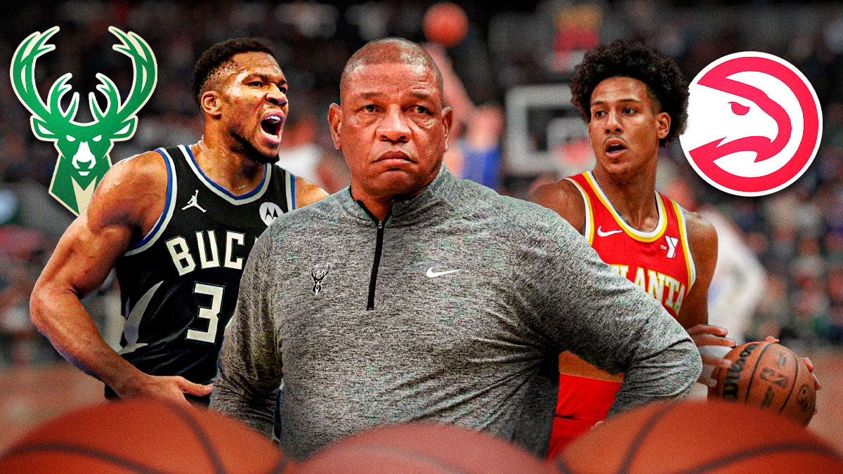 Bucks head coach Doc Rivers in between Bucks star Giannis Antetokounmpo & Hawks forward Jalen Johnson with the Bucks & Hawks logos in the background