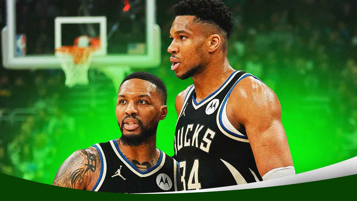 Bucks' Giannis Antetokounmpo and Damian Lillard celebrating