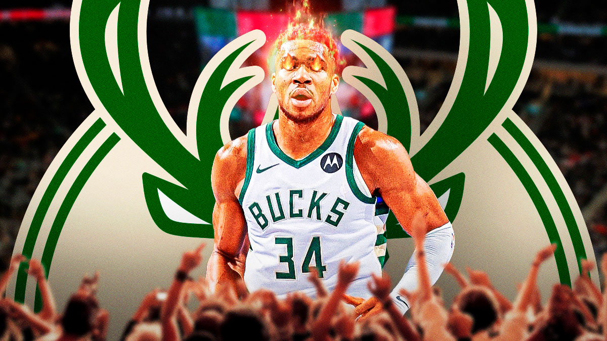 Bucks forward Giannis Antetokounmpo with fire coming out of his eyes and his head, with the Bucks logo in the background