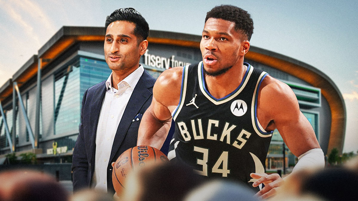 NBA insider Shams Charania, Bucks' Giannis Antetokounmpo, Fiserv Forum behind them
