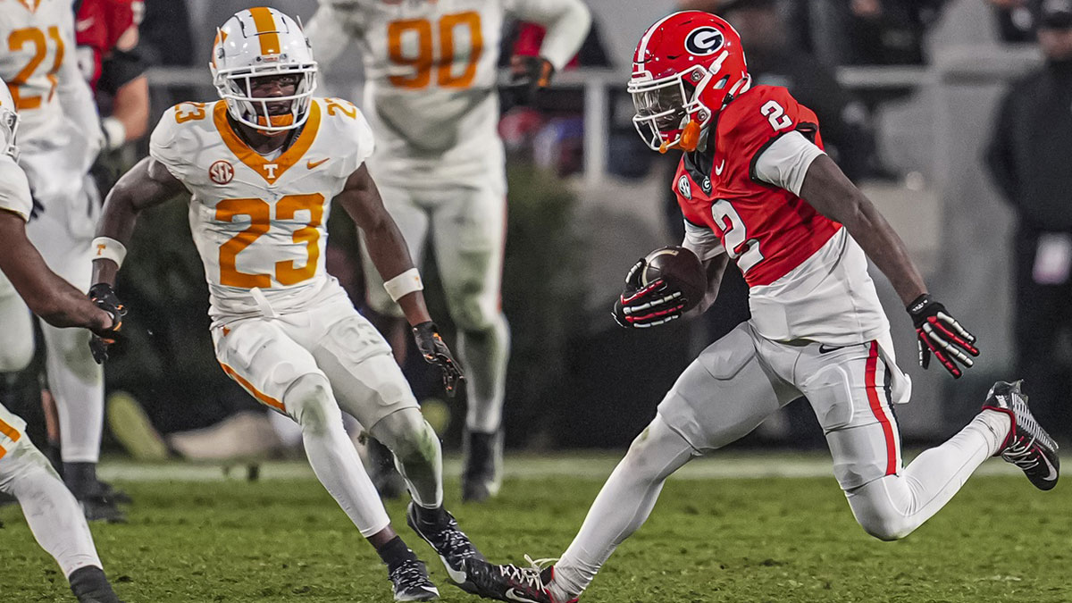 Georgia Bulldogs wide receiver Nitro Tuggle (2) runs after a catch against the Tennessee Volunteers during the second half at Sanford Stadium.