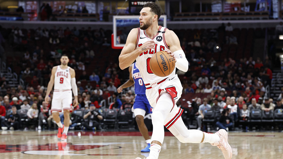 Chicago Bulls guard Zach LaVine (8) drives to the basket against the Philadelphia 76ers during the first half at United Center.