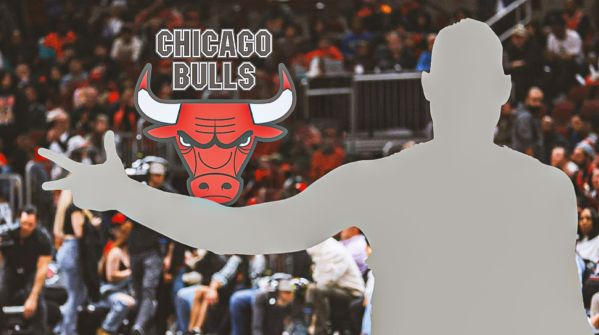 Silhouette of Nikola Vucevic next to a Bulls logo