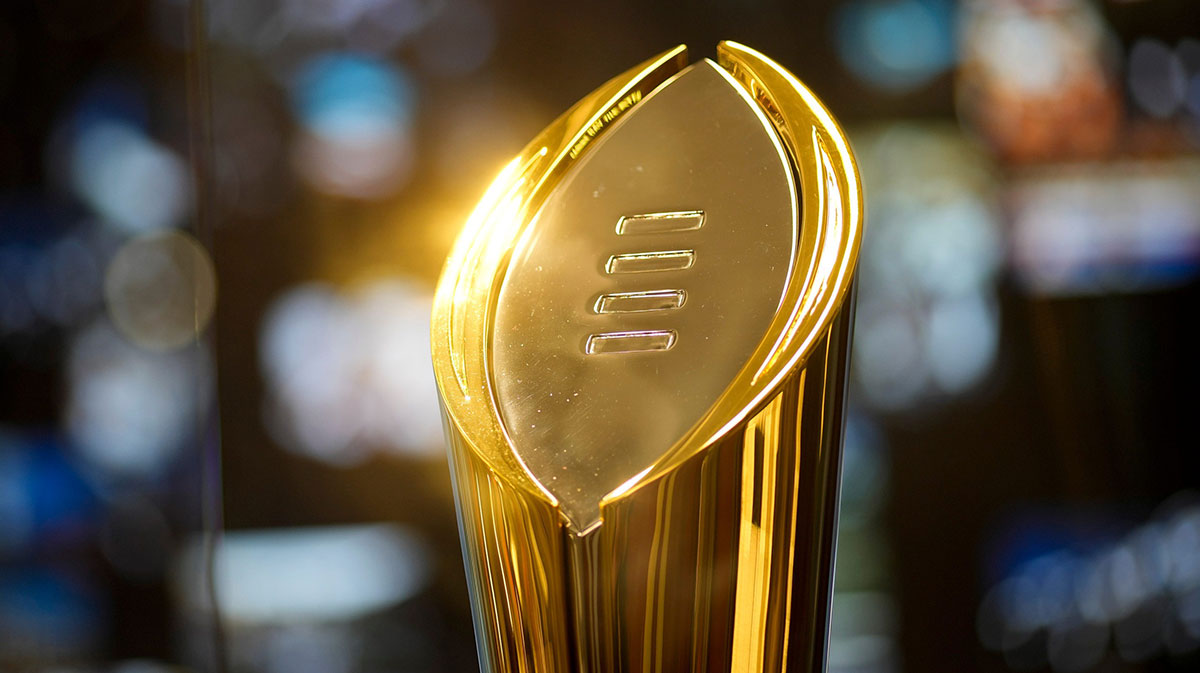 The College Football Playoff trophy inside the College Football Hall of Fame during media day for the Peach Bowl.