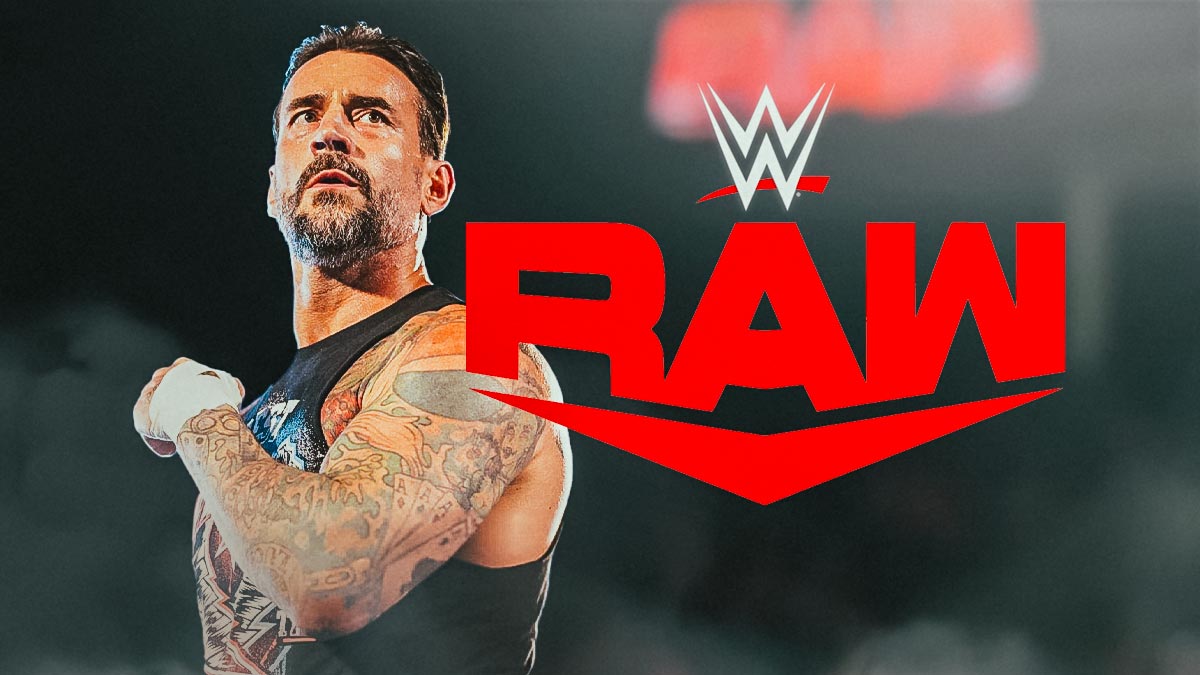 Cm Punk in front of the RAW logo.