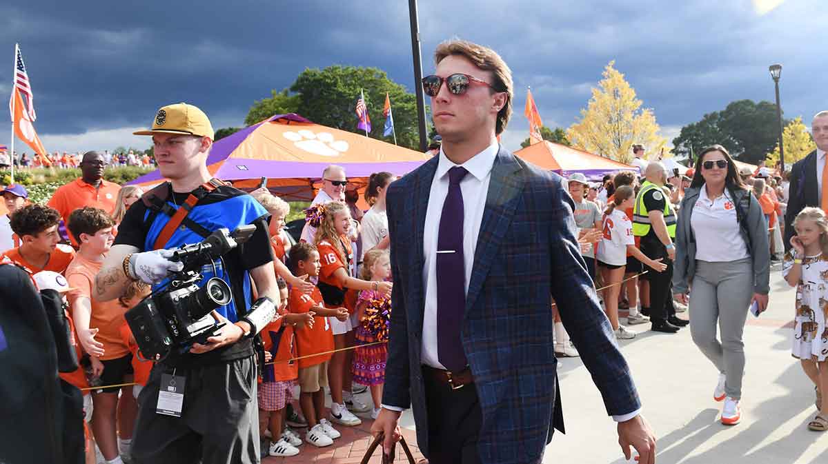 The Clemson Tigers played the Appalachian State Mountaineers in college football Saturday, Sept. 7, 2024. Clemson quarterback Cade Klubnik (2) arrives to the game during Tiger Walk.