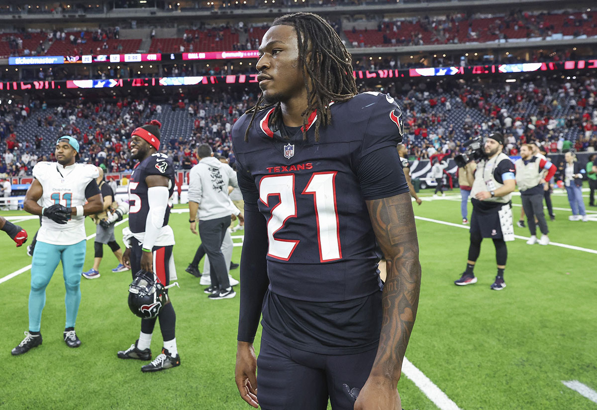 Houston Texans safety Calen Bullock (21) walks off the field after the game against the Miami Dolphins at NRG Stadium.