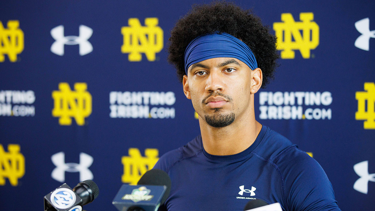 Notre Dame corner back Jaden Mickey addresses media after a Notre Dame football practice at Irish Athletic Center on Thursday, Aug. 15, 2024, in South Bend.