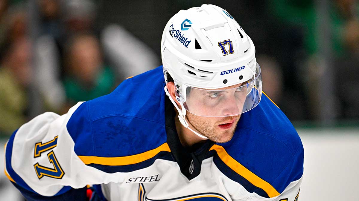 St. Louis Blues defenseman Cam Fowler (17) waits for the face-off against the Dallas Stars during the second period at American Airlines Center.