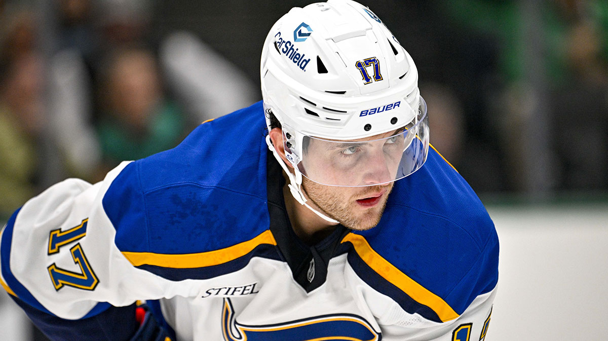 St. Louis Blues defenseman Cam Fowler (17) waits for the face-off against the Dallas Stars during the second period at American Airlines Center.